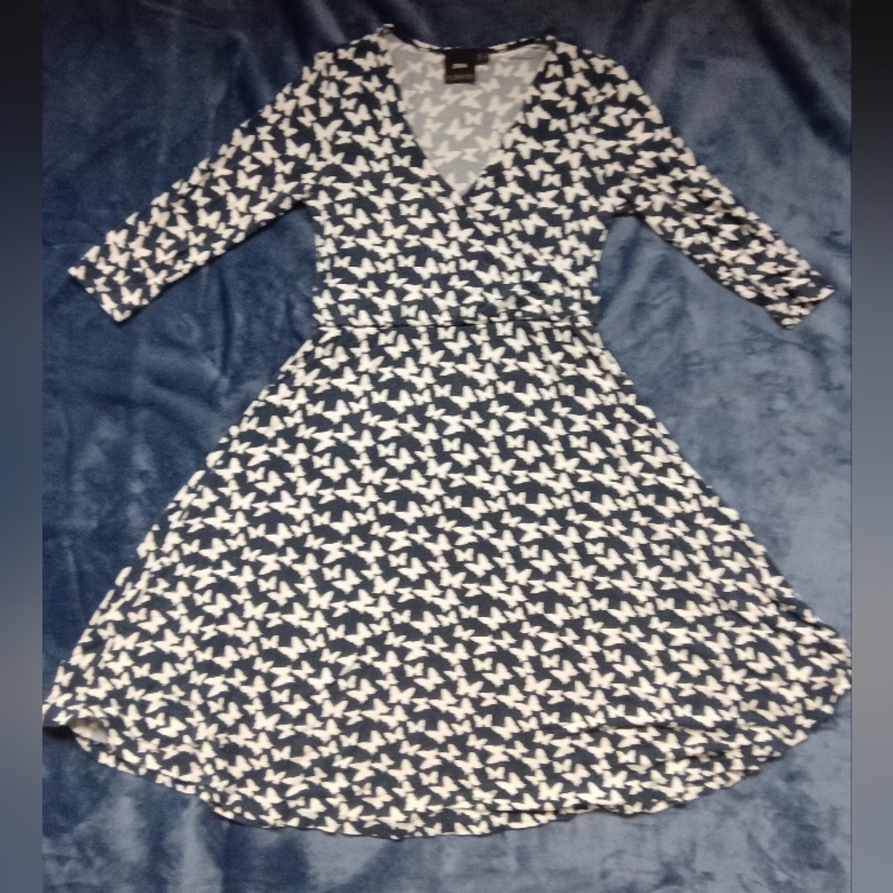 Faded ASOS Maternity US 4 Butterfly Blue White Knee Length Fit Flare Dress Dress